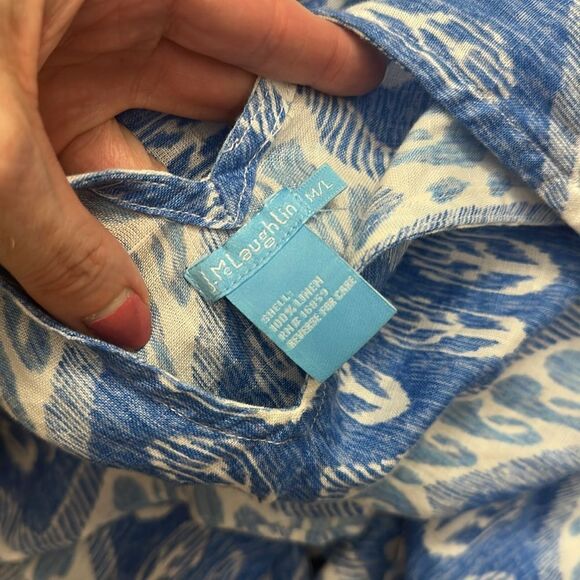 J. McLaughlin blue white print bathing suit cover up dress tunic M/L linen - Picture 3 of 5